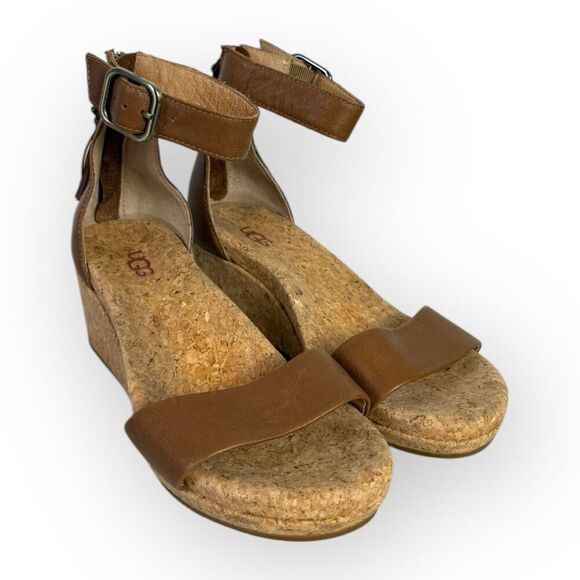 Ugg Zoe Leather Ankle-strap Tassels Wedge Sandal US Chestnut/Back Zip 6 - Picture 2 of 7